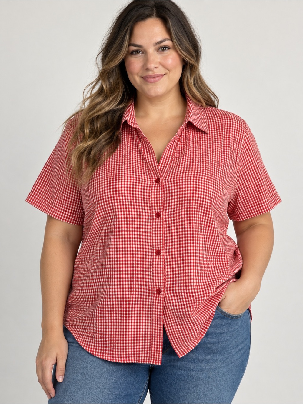 White Stag Women’s Plus 18W/20W Red Gingham Check Button-Up Shirt 100% Cotton